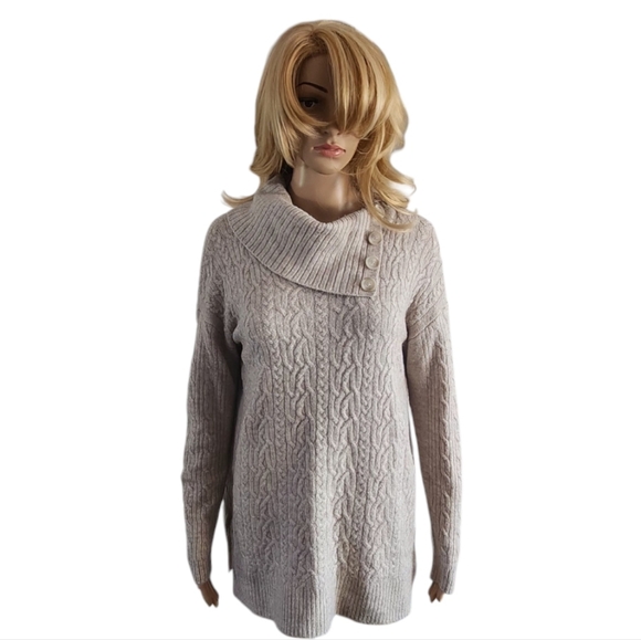Denver hayes cable knit split Cowl-Neck oatmeal sweater, size M - Picture 1 of 9